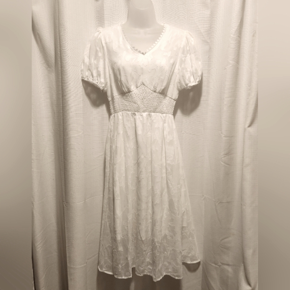 Grace Karin White Floral Design Sheer Lace Puff Sleeve Midi Dress Size Small